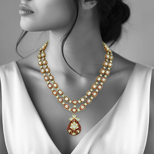 Double-Layer Polki Necklace with Red Enamel and Floral Pendant